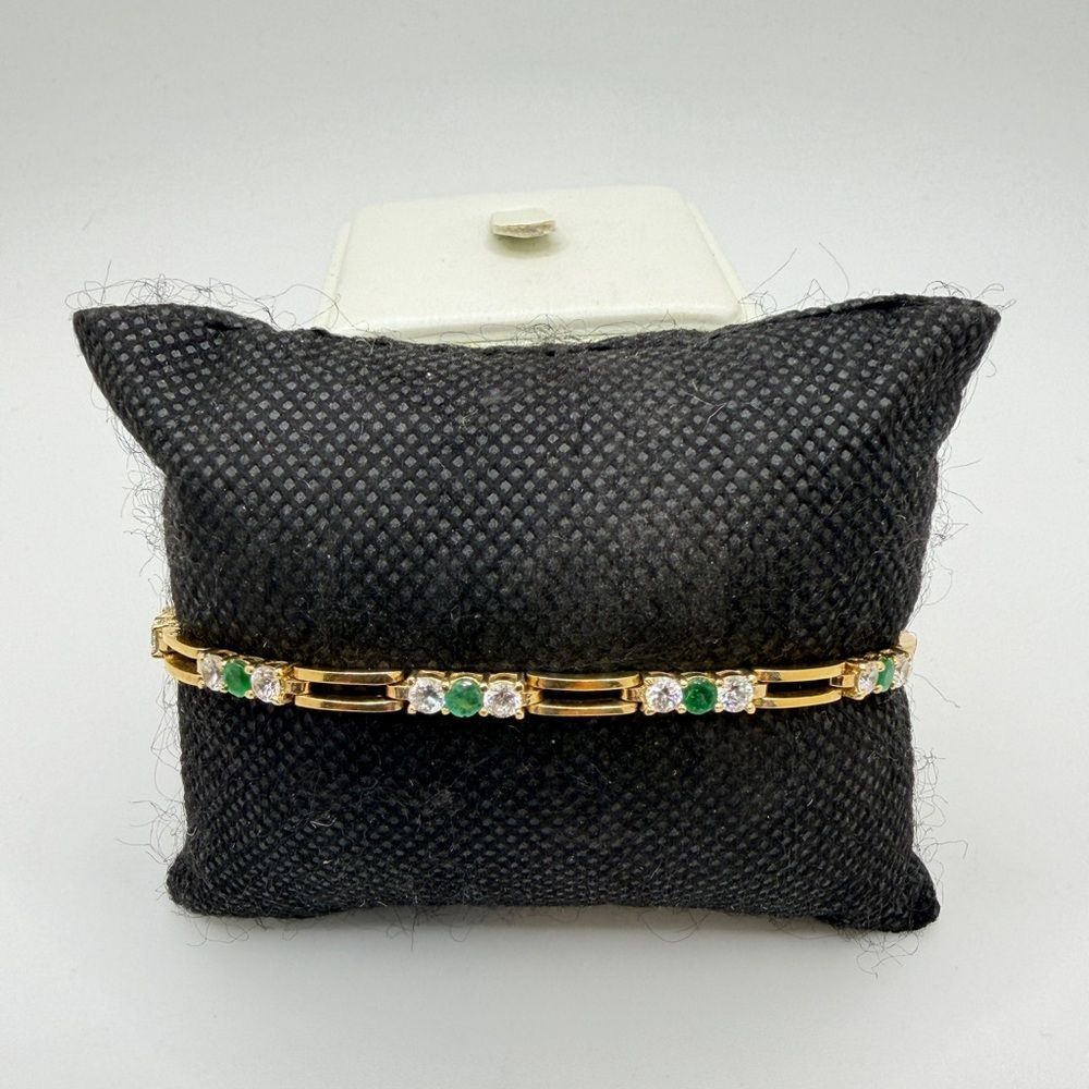 ~7.5" Faceted round cut emeralds, cz diamond tennis bracelet in gold over 925!